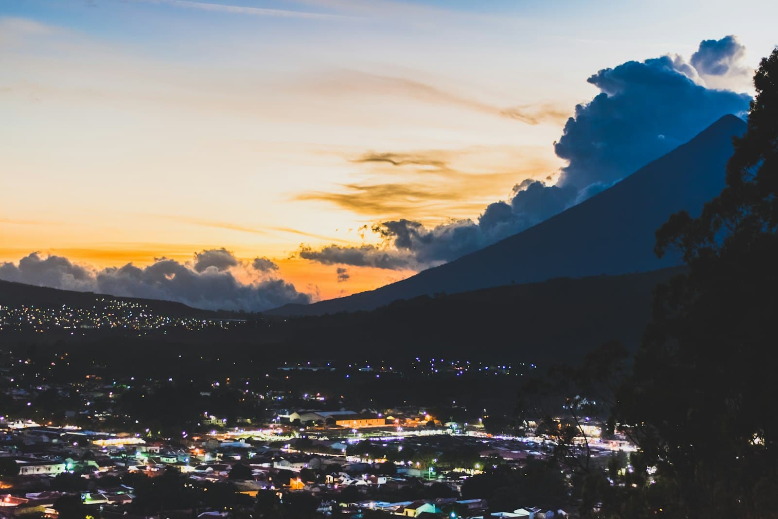 Antigua street with volcano in the background, golden hour