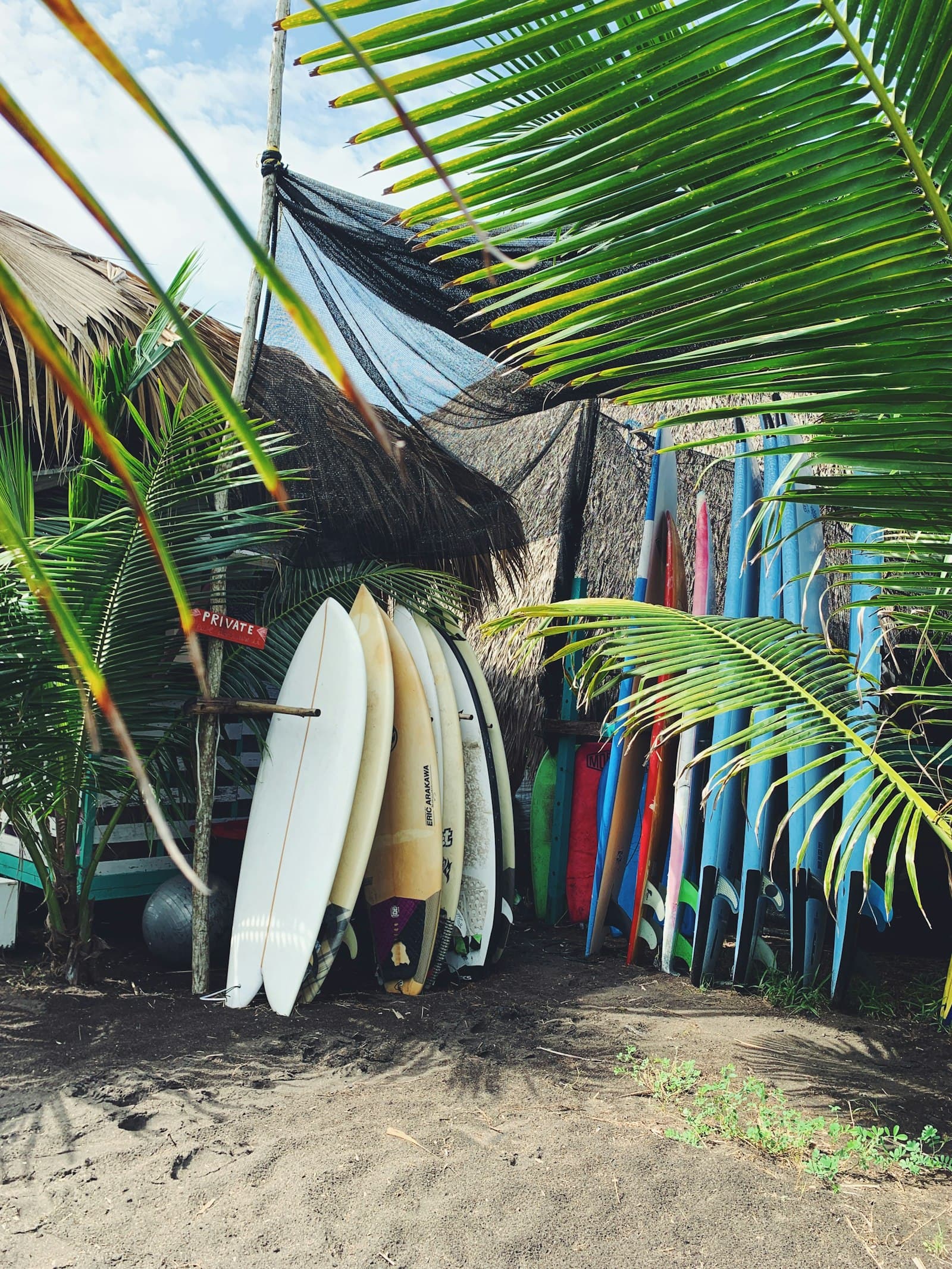 El Paredón beach at sunset, surfboards in sand